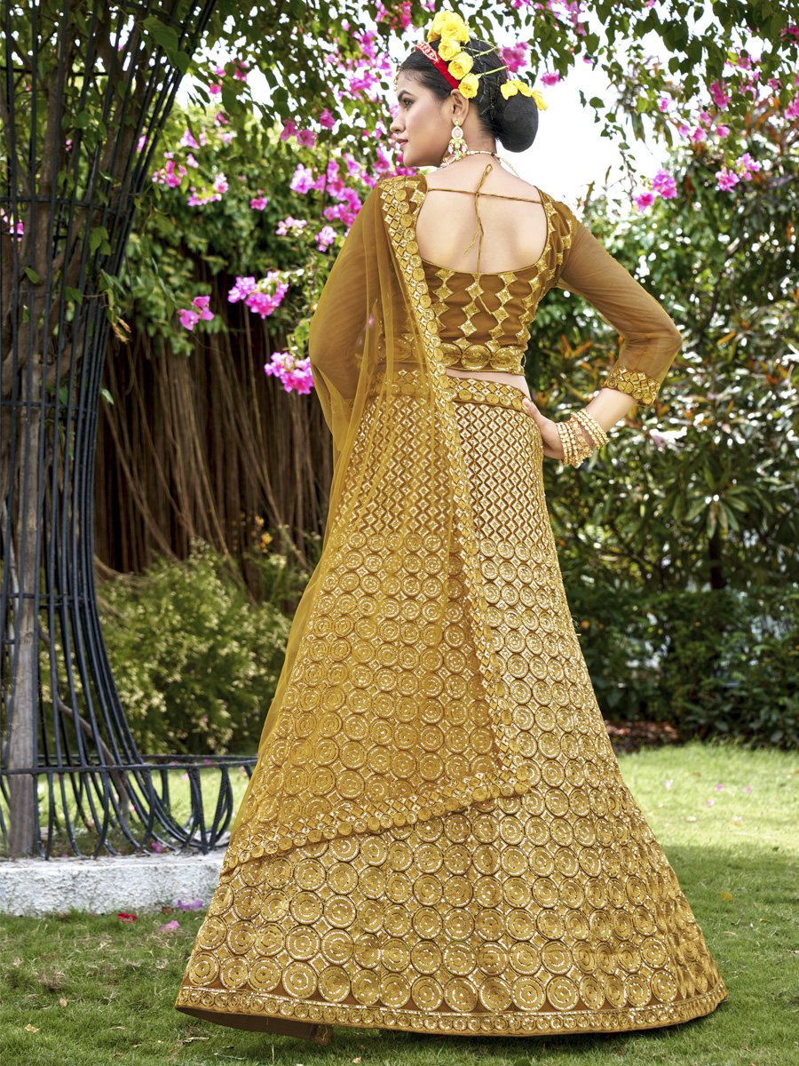 Mustard Net Embroidered Party Wear Festival Heavy Border Lehenga Choli