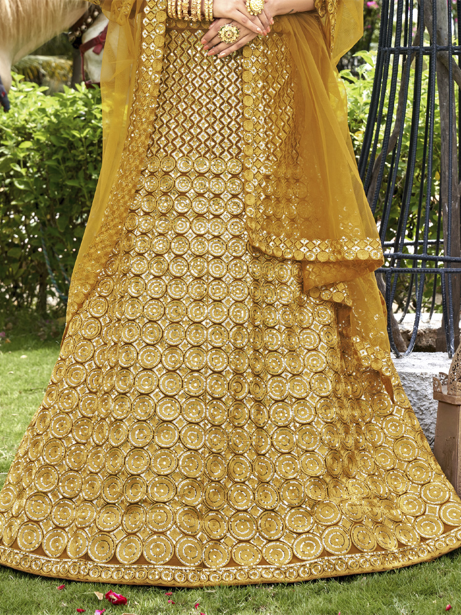 Mustard Net Embroidered Party Wear Festival Heavy Border Lehenga Choli