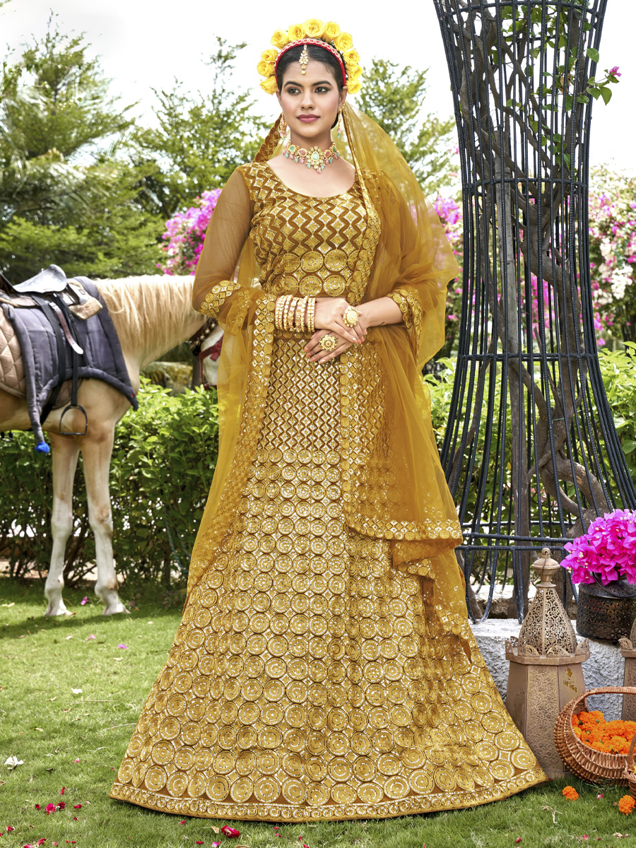 Mustard Net Embroidered Party Wear Festival Heavy Border Lehenga Choli