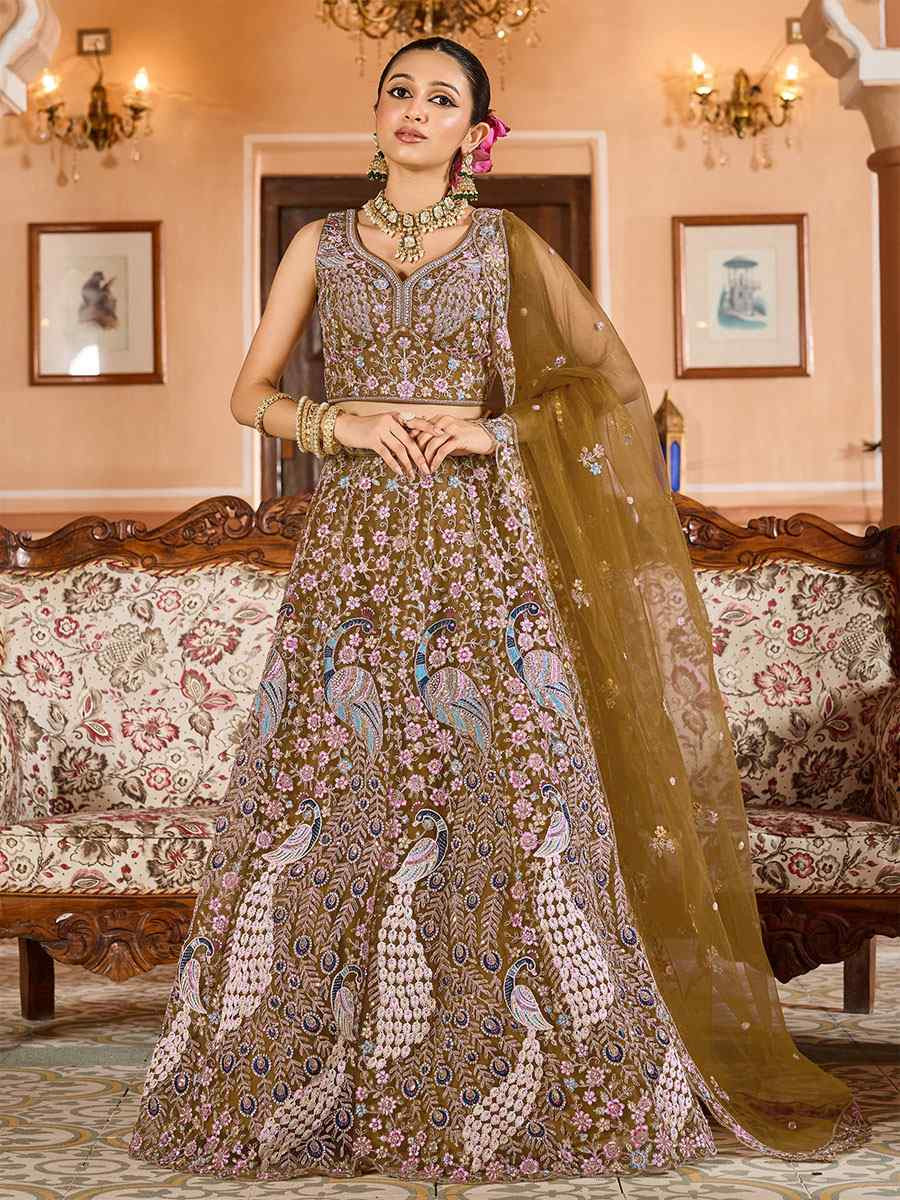 Mustard Net Embroidered Wedding Reception Festival Heavy Border Lehenga Choli