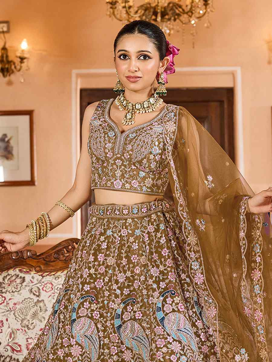 Mustard Net Embroidered Wedding Reception Festival Heavy Border Lehenga Choli