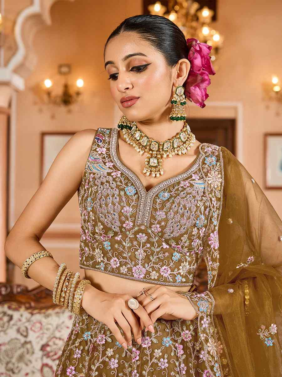 Mustard Net Embroidered Wedding Reception Festival Heavy Border Lehenga Choli