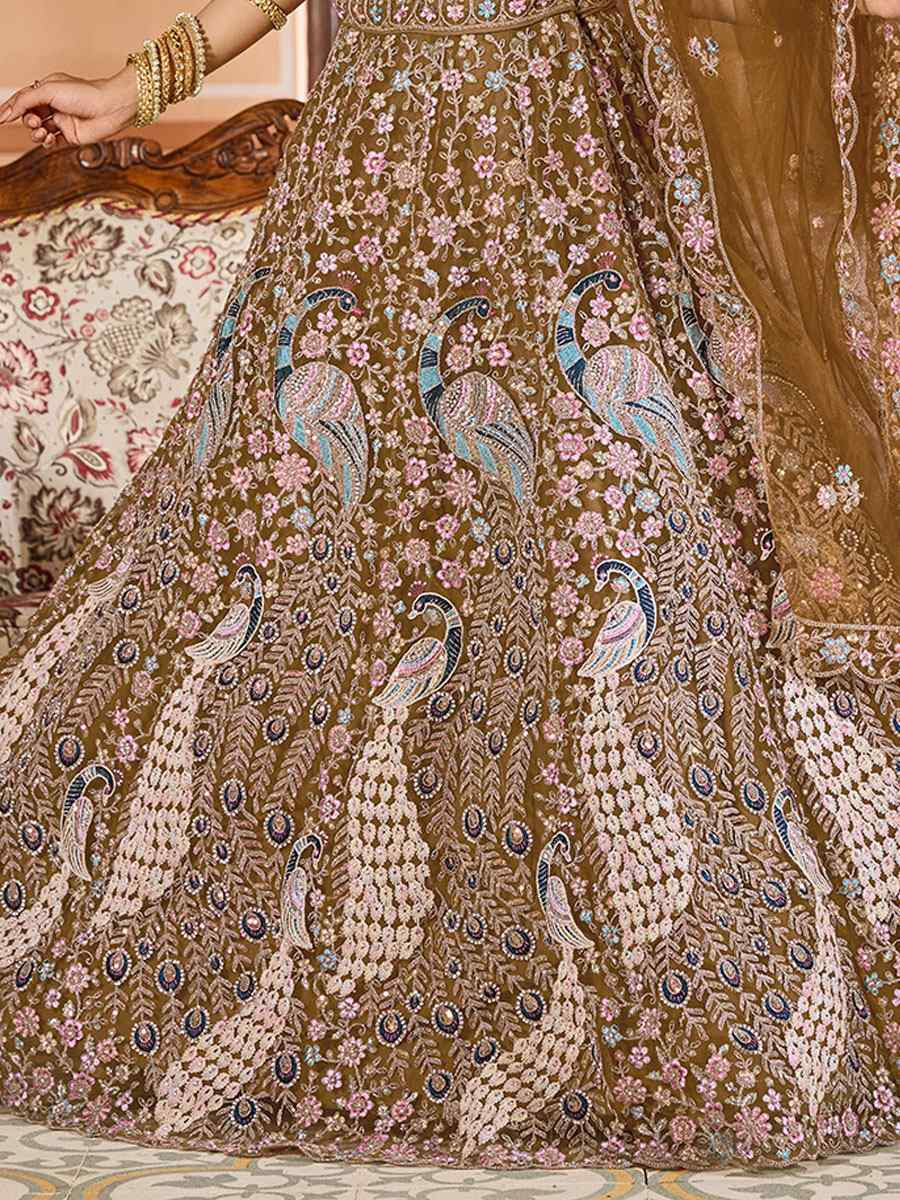 Mustard Net Embroidered Wedding Reception Festival Heavy Border Lehenga Choli