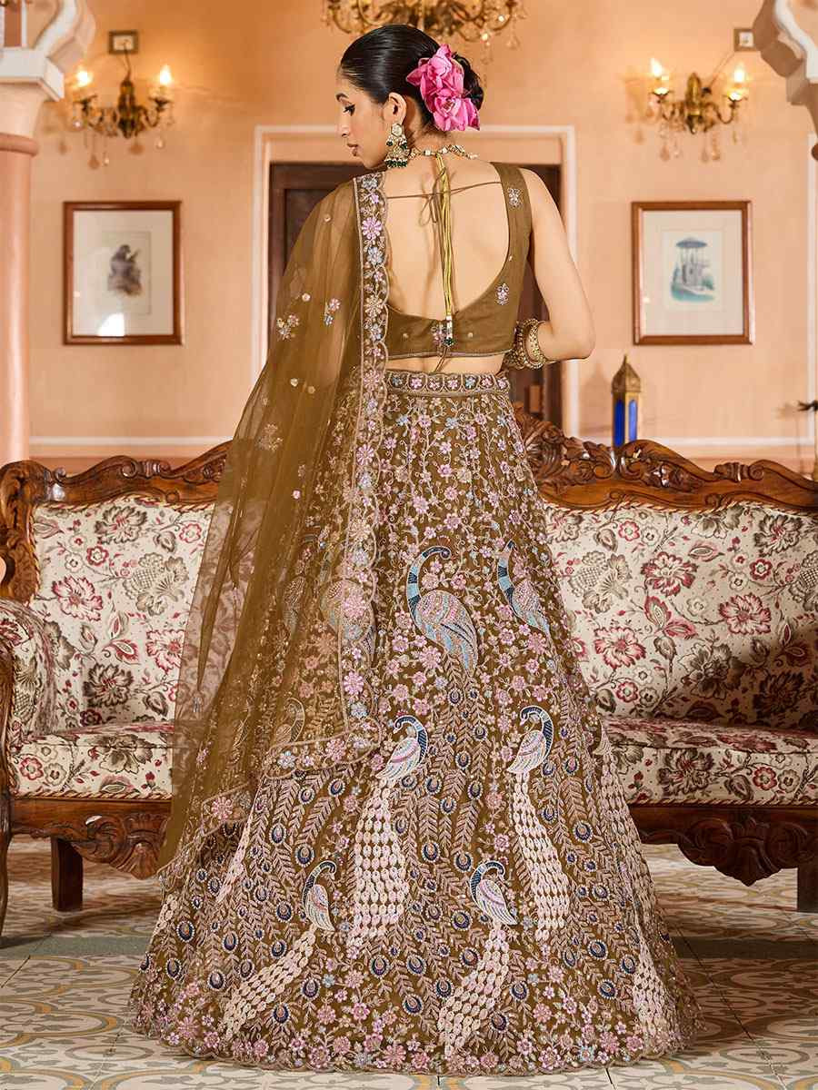 Mustard Net Embroidered Wedding Reception Festival Heavy Border Lehenga Choli