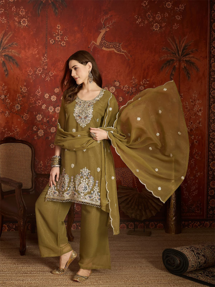 Image of Mustard Net Embroidery Wedding Party Festival Casual Ready Palazzo Pant Salwar Kameez