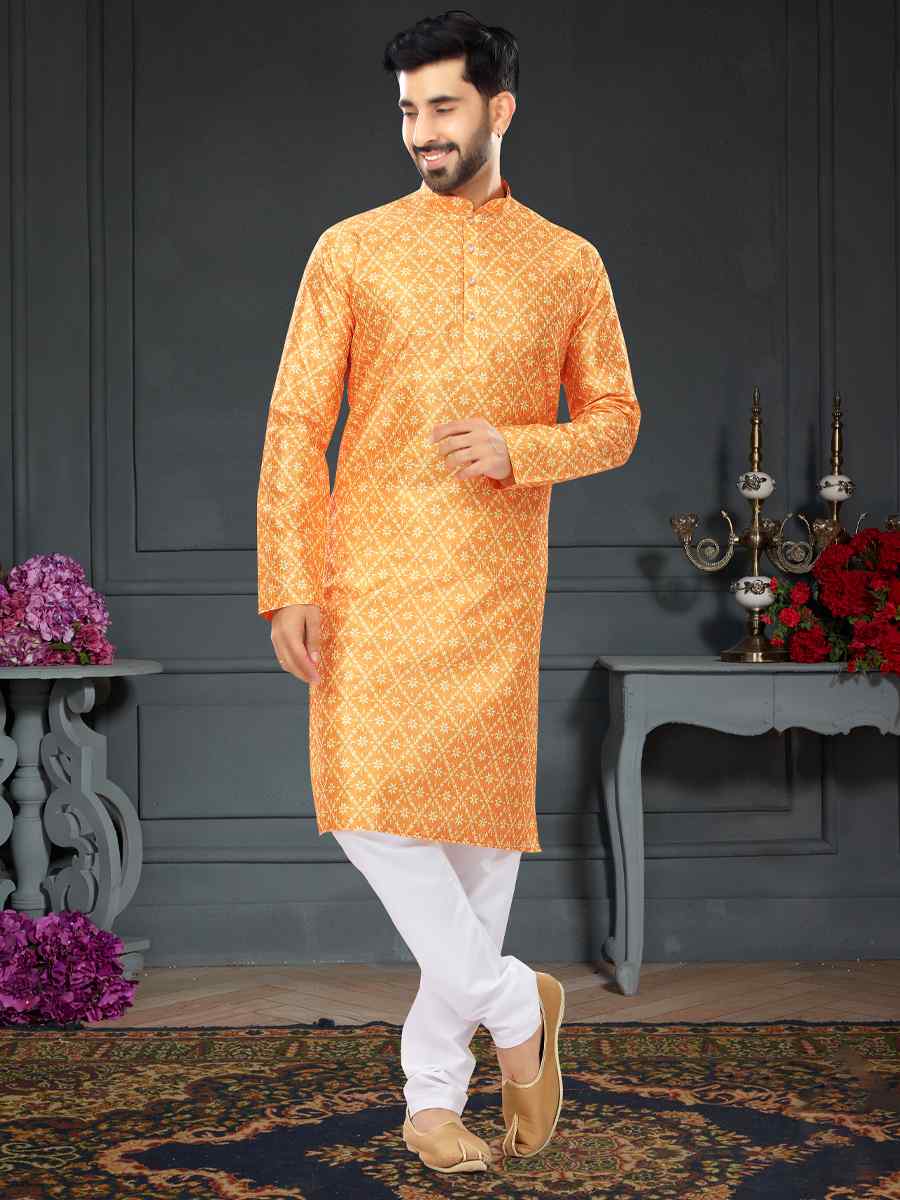 Mustard Orange Silk Printed Festival Party Kurta