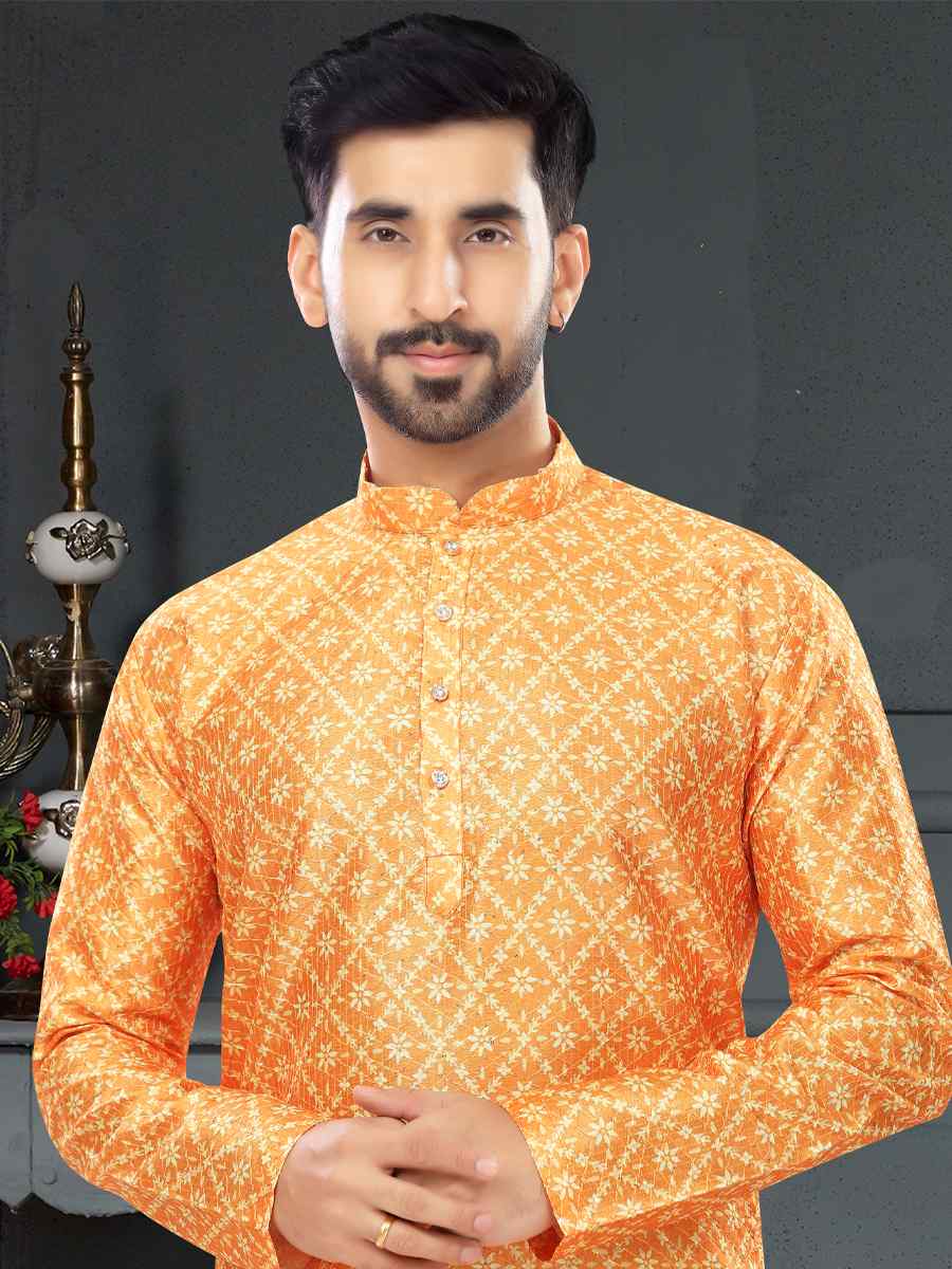 Mustard Orange Silk Printed Festival Party Kurta
