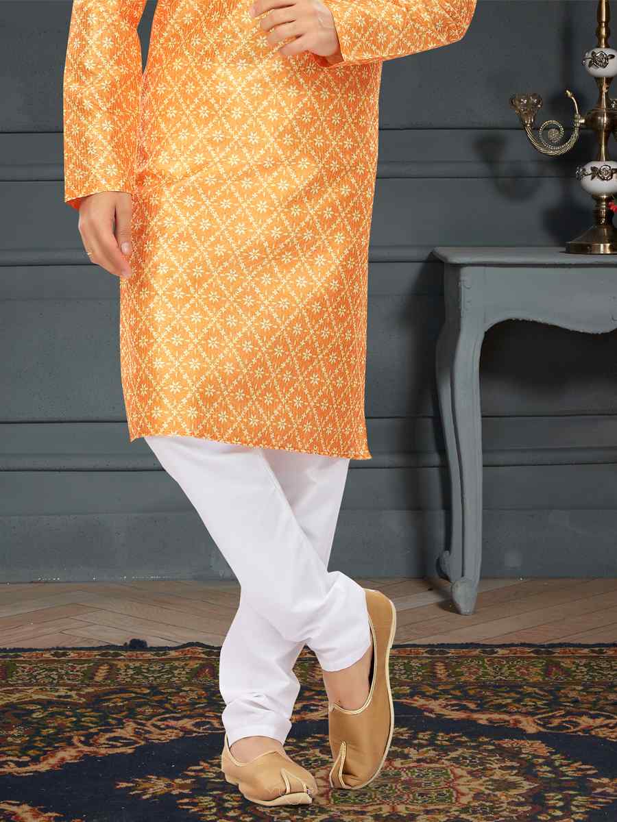 Mustard Orange Silk Printed Festival Party Kurta