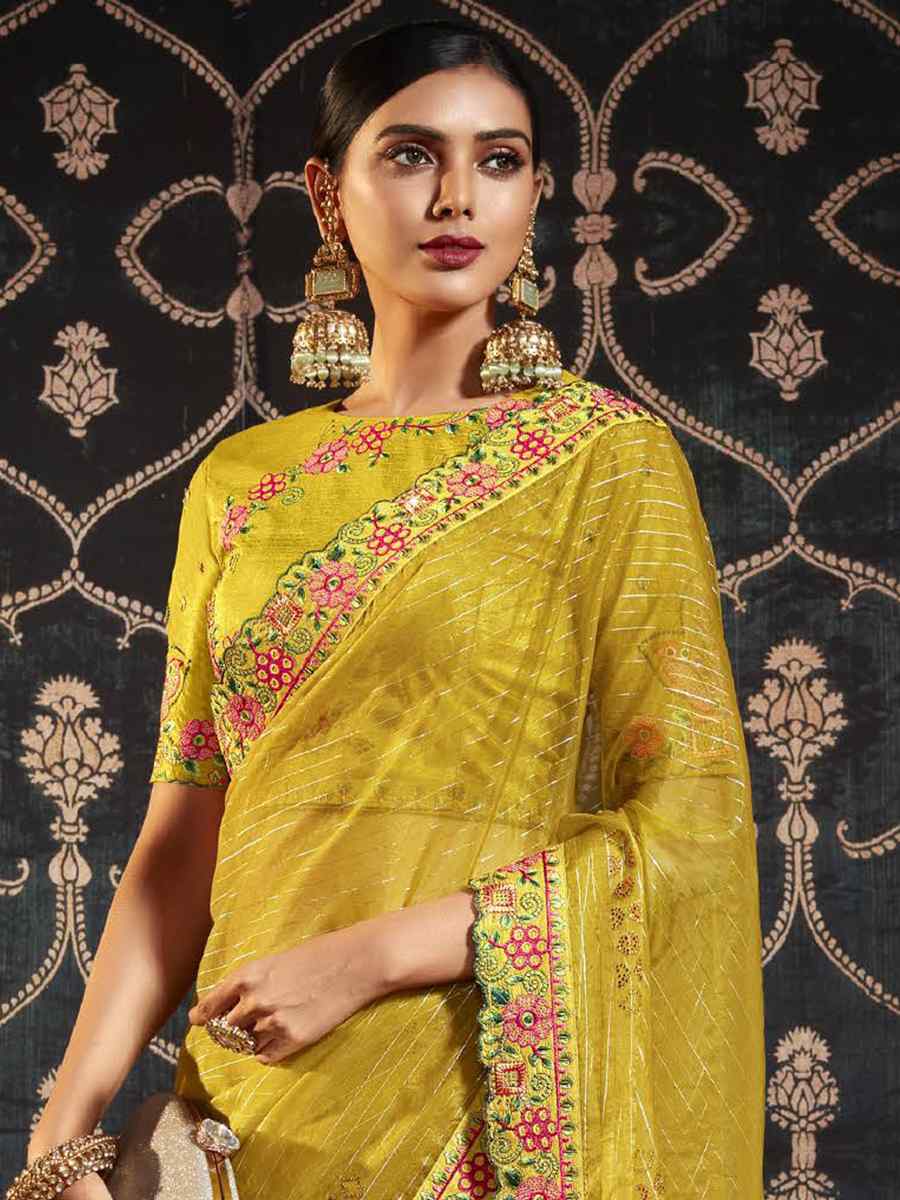 Mustard Organza Embroidered Party Festival Classic Style Saree