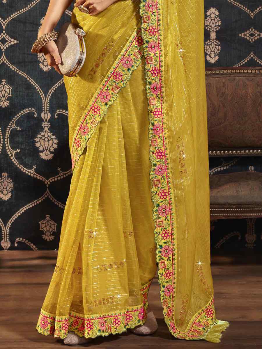 Mustard Organza Embroidered Party Festival Classic Style Saree