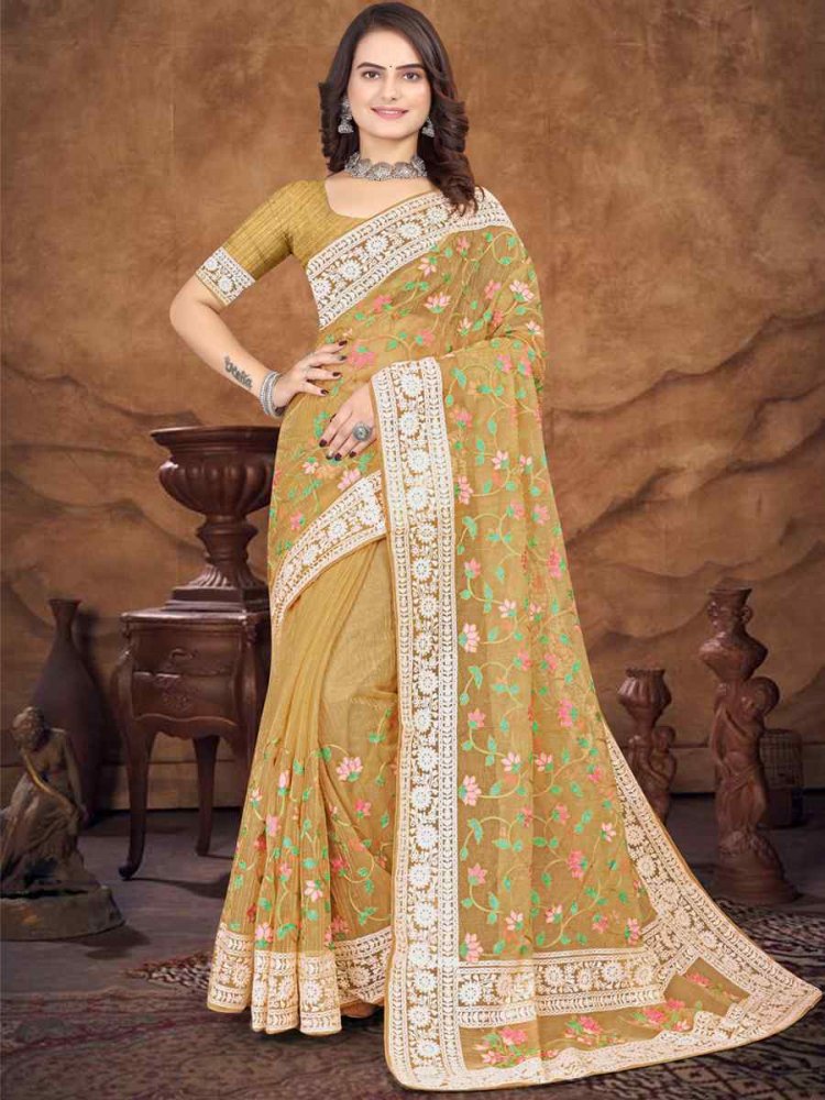 Mustard Organza Embroidered Wedding Festival Heavy Border Saree