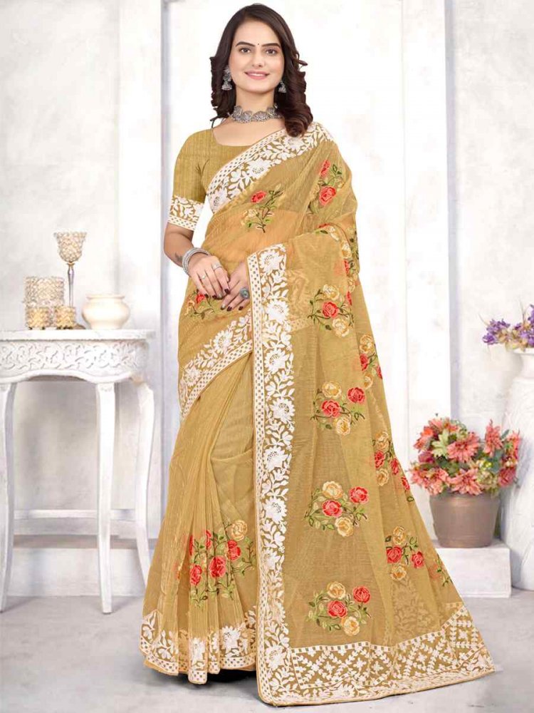 Mustard Organza Embroidered Wedding Festival Heavy Border Saree