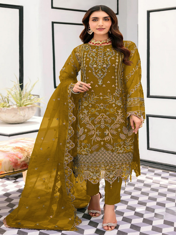 Image of Mustard Organza Embroidery Zari Sequins Wedding Party Festival Casual Engagement Pant Salwar Kameez