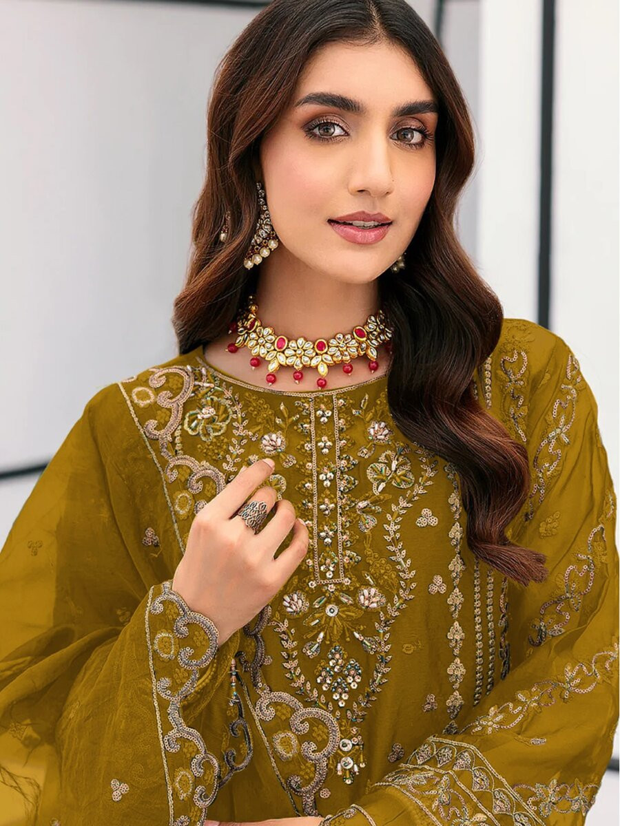 Mustard Organza Embroidery Zari Sequins Wedding Party Festival Casual Engagement Pant Salwar Kameez