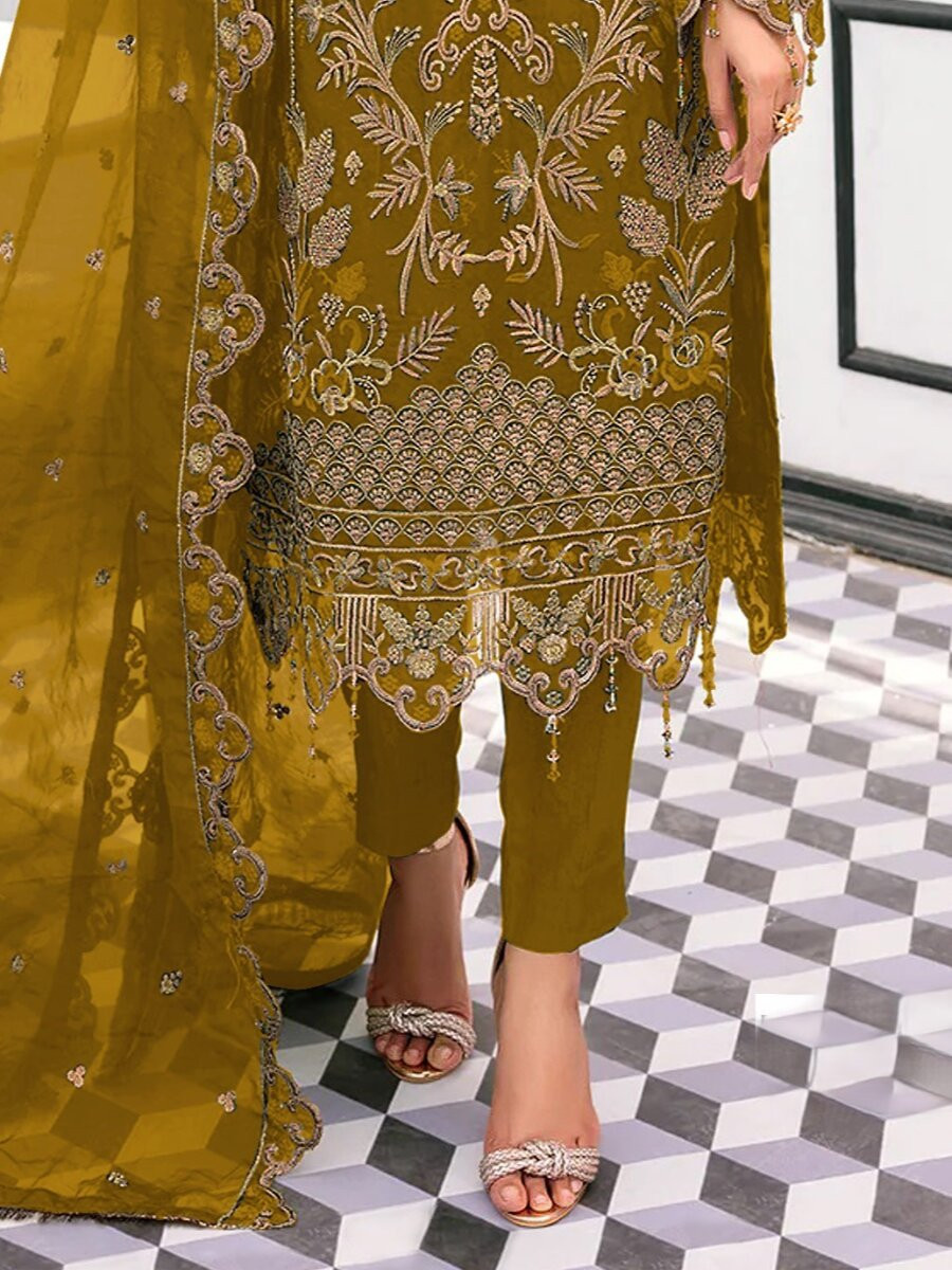 Mustard Organza Embroidery Zari Sequins Wedding Party Festival Casual Engagement Pant Salwar Kameez