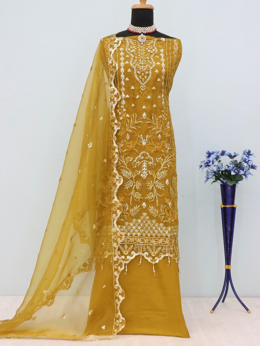 Mustard Organza Embroidery Zari Sequins Wedding Party Festival Casual Engagement Pant Salwar Kameez