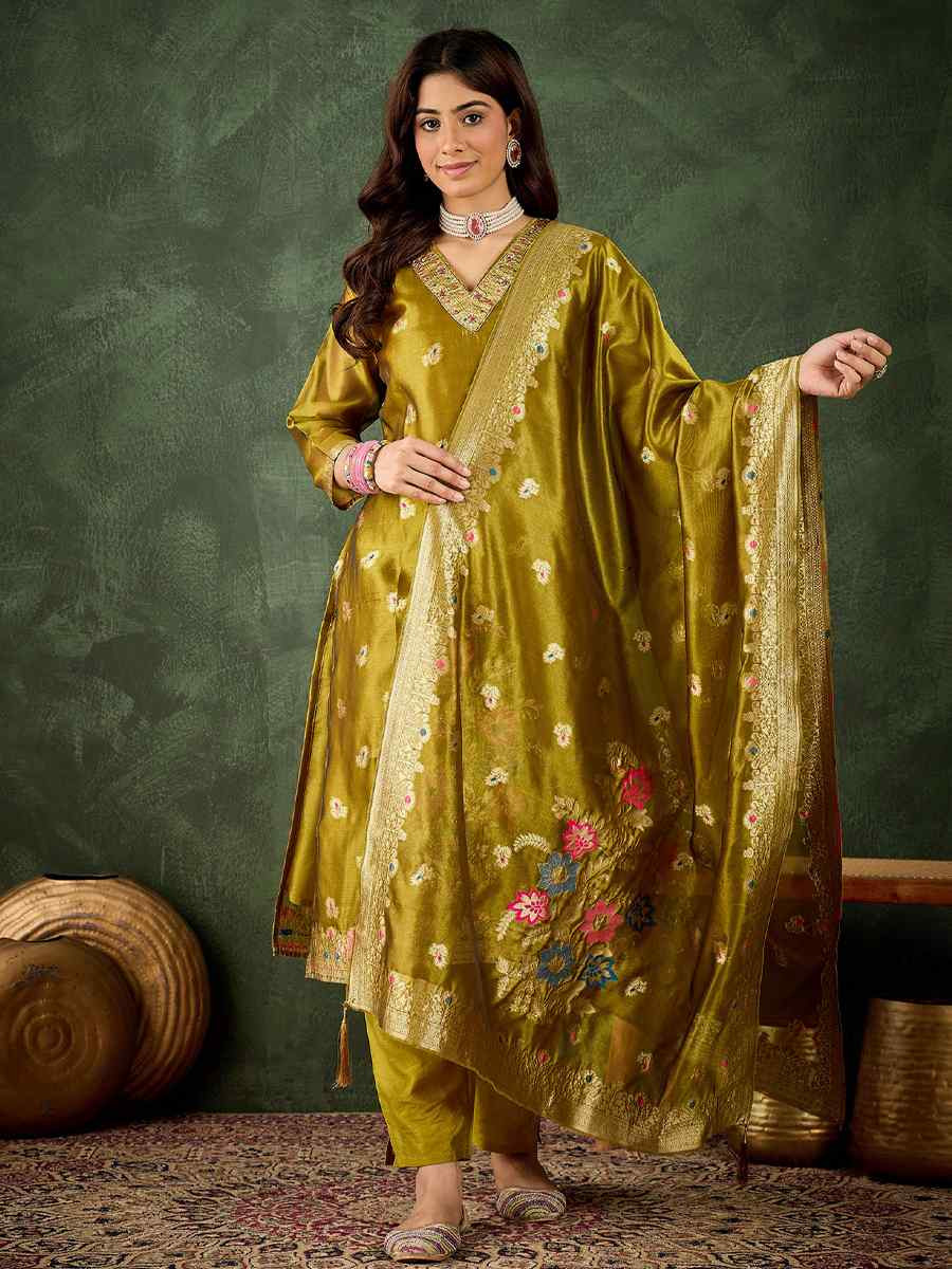 Mustard Organza Silk Embroidered Festival Casual Ready Pant Salwar Kameez