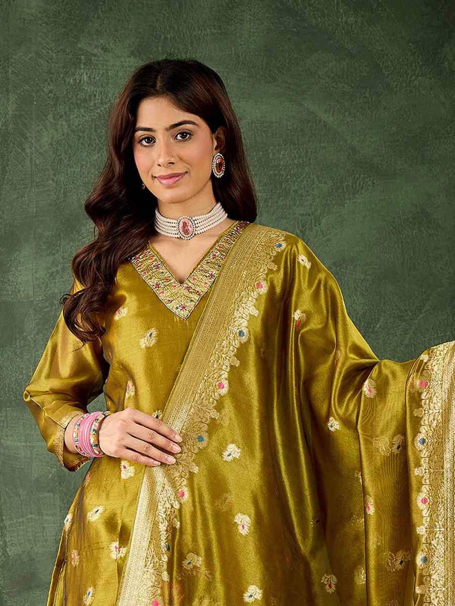 Mustard Organza Silk Embroidered Festival Casual Ready Pant Salwar Kameez