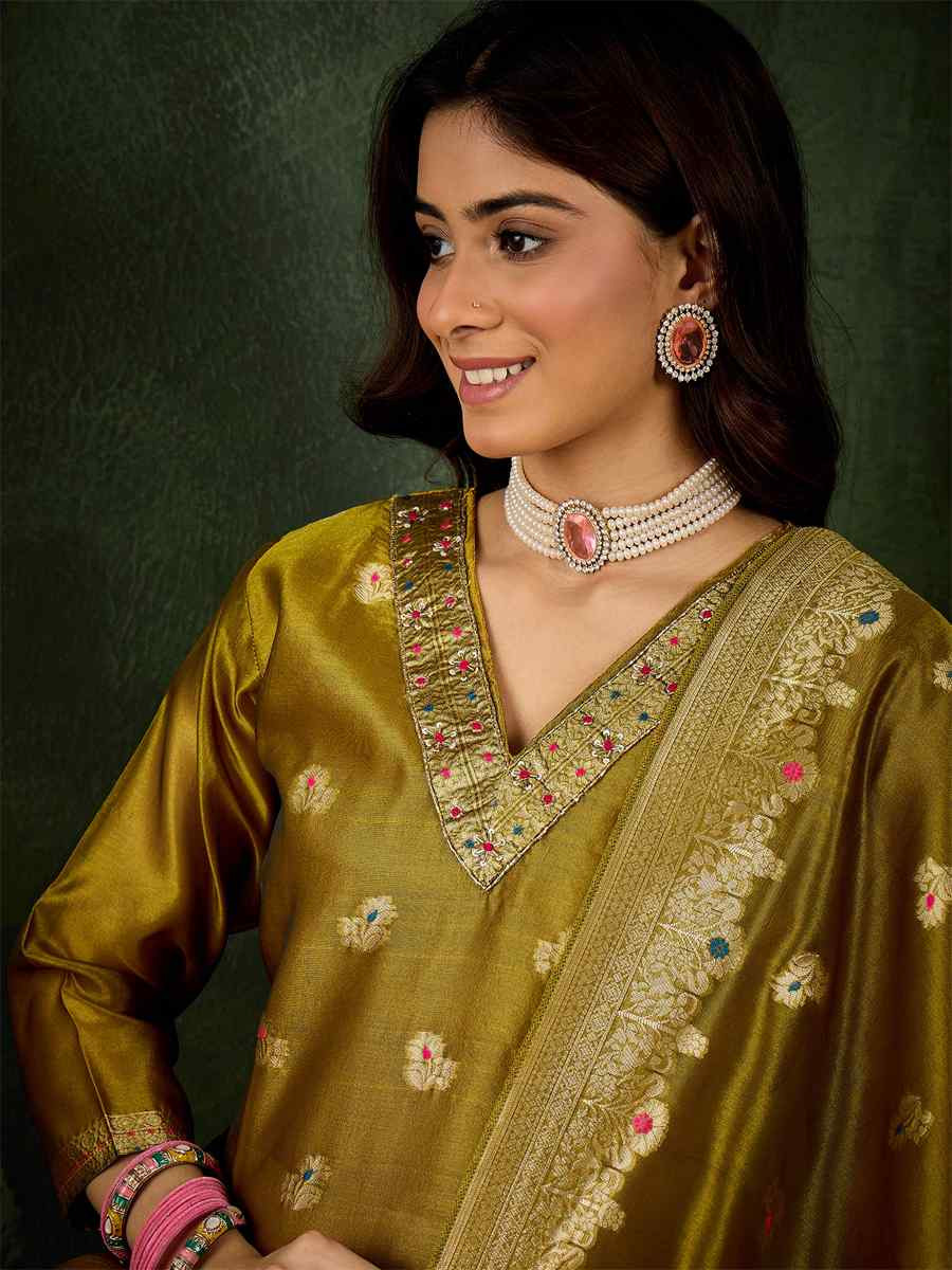 Mustard Organza Silk Embroidered Festival Casual Ready Pant Salwar Kameez