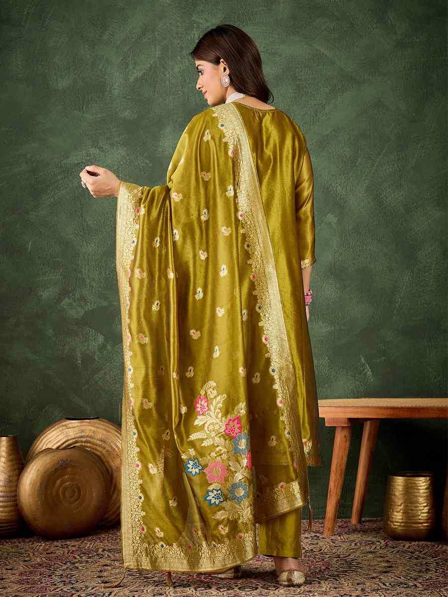 Mustard Organza Silk Embroidered Festival Casual Ready Pant Salwar Kameez