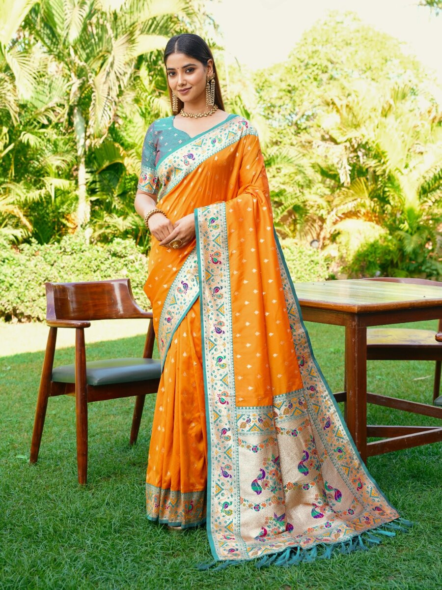 Mustard Paithani Soft Silk Zari Woven Meenakari Peacock Paithani Pallu Wedding Reception Party Festival Casual Heavy Border Sarees