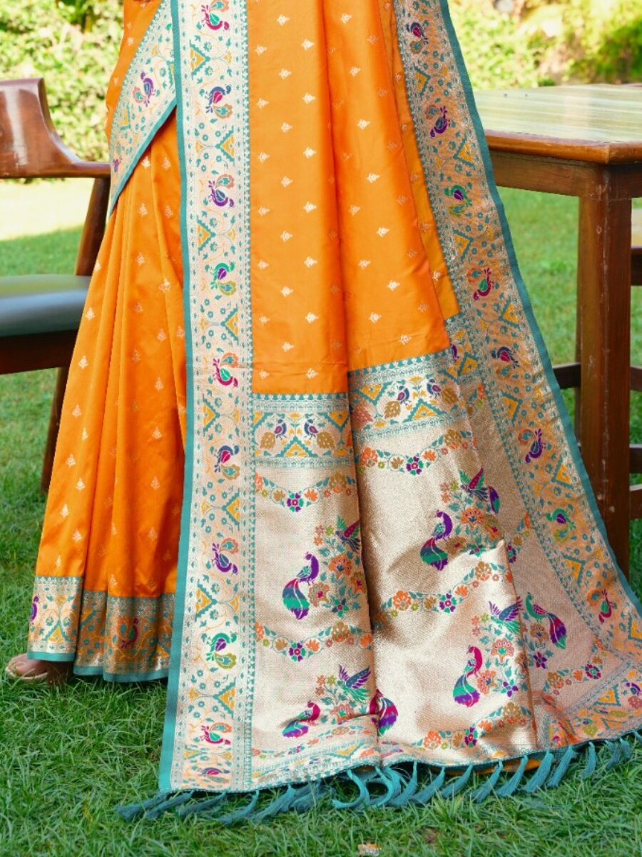 Mustard Paithani Soft Silk Zari Woven Meenakari Peacock Paithani Pallu Wedding Reception Party Festival Casual Heavy Border Sarees