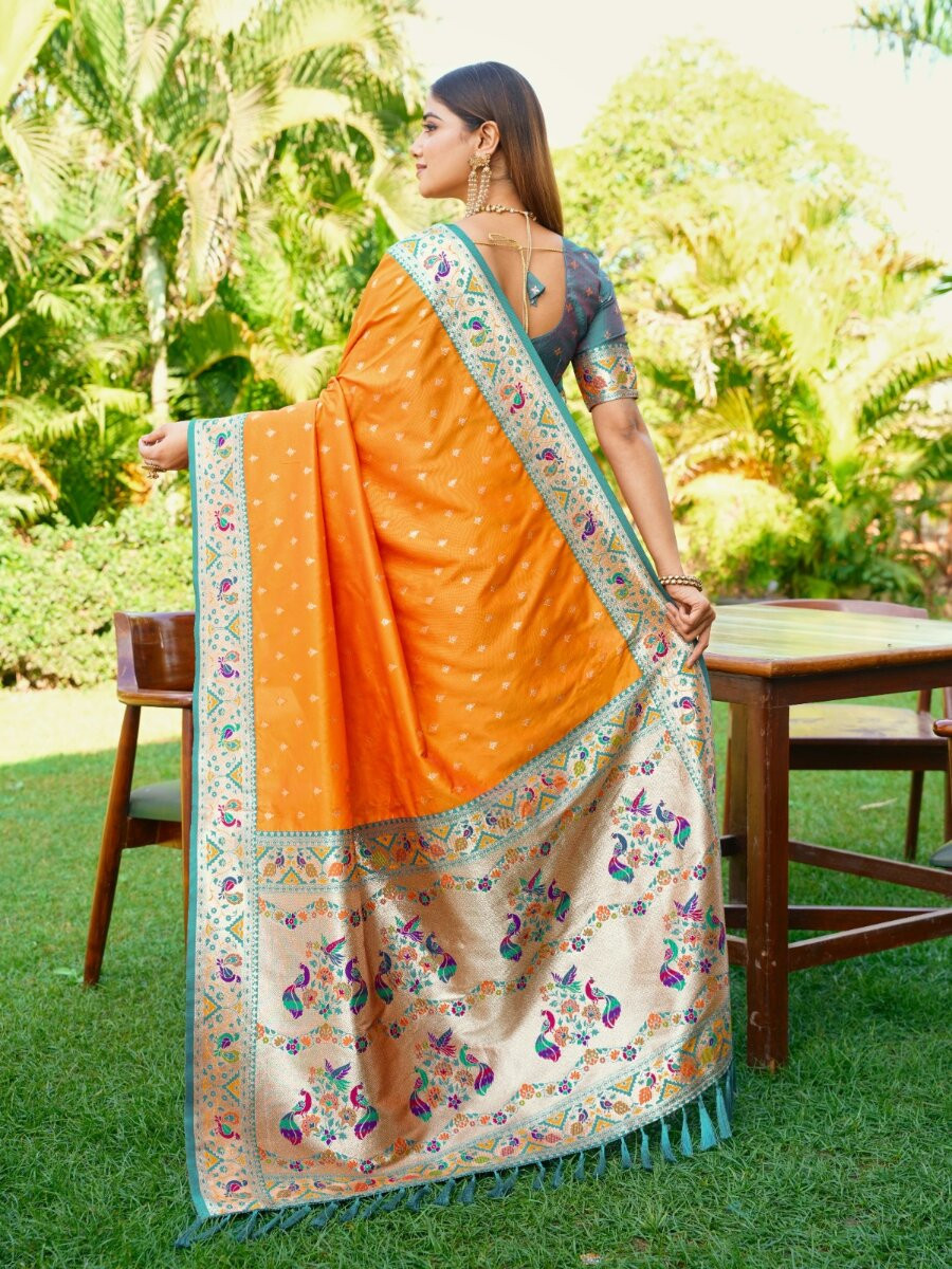 Mustard Paithani Soft Silk Zari Woven Meenakari Peacock Paithani Pallu Wedding Reception Party Festival Casual Heavy Border Sarees