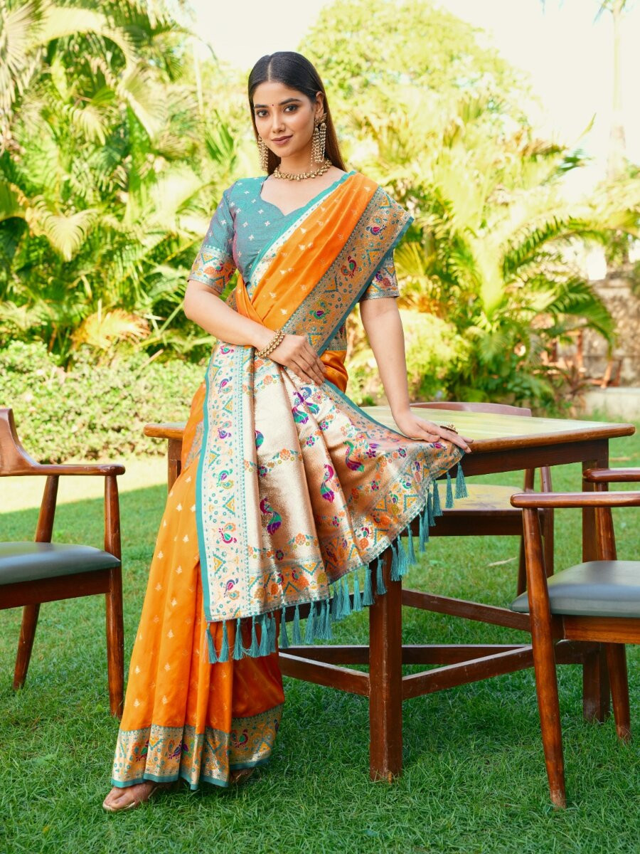 Mustard Paithani Soft Silk Zari Woven Meenakari Peacock Paithani Pallu Wedding Reception Party Festival Casual Heavy Border Sarees