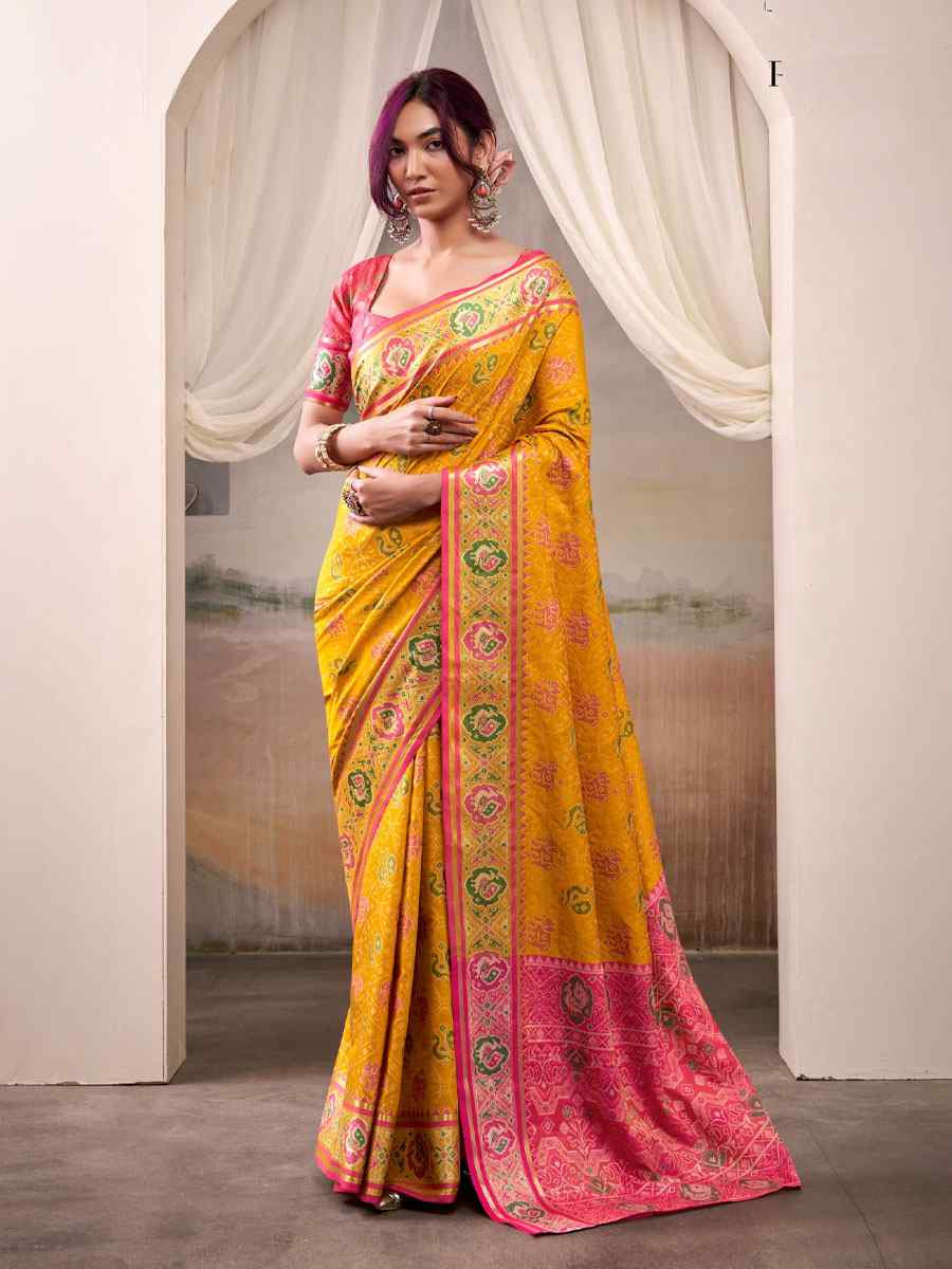 Mustard Patola Silk Handwoven Zari Bridal Reception Festival Wedding Fancy Heavy Border Saree