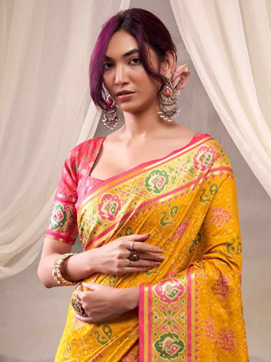 Mustard Patola Silk Handwoven Zari Bridal Reception Festival Wedding Fancy Heavy Border Saree