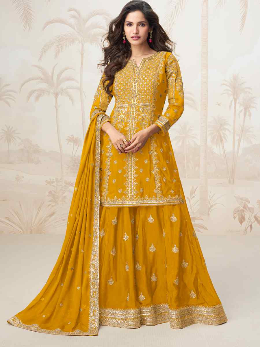 Mustard Premium Chinon Silk Embroidered Festival Casual Ready Sharara Pant Salwar Kameez
