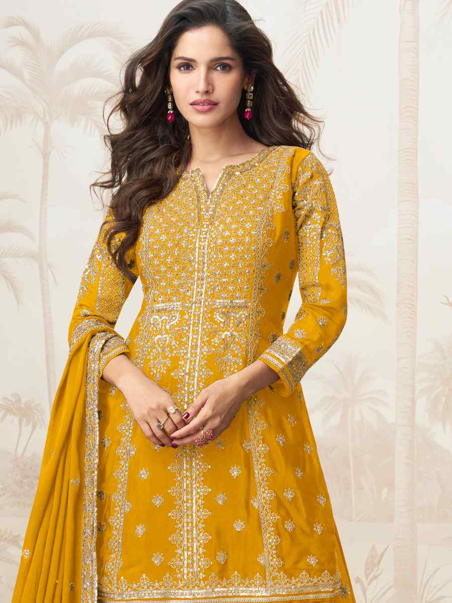 Mustard Premium Chinon Silk Embroidered Festival Casual Ready Sharara Pant Salwar Kameez