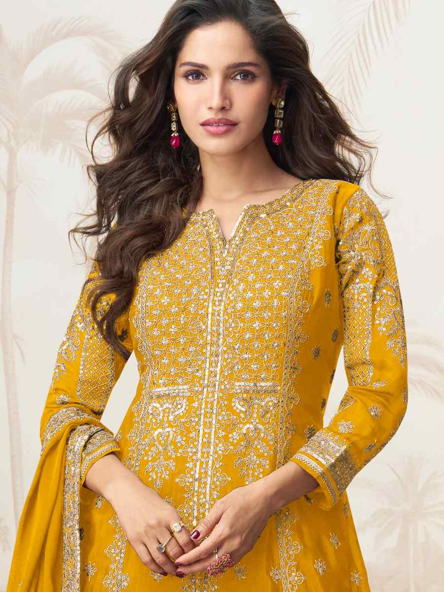 Mustard Premium Chinon Silk Embroidered Festival Casual Ready Sharara Pant Salwar Kameez