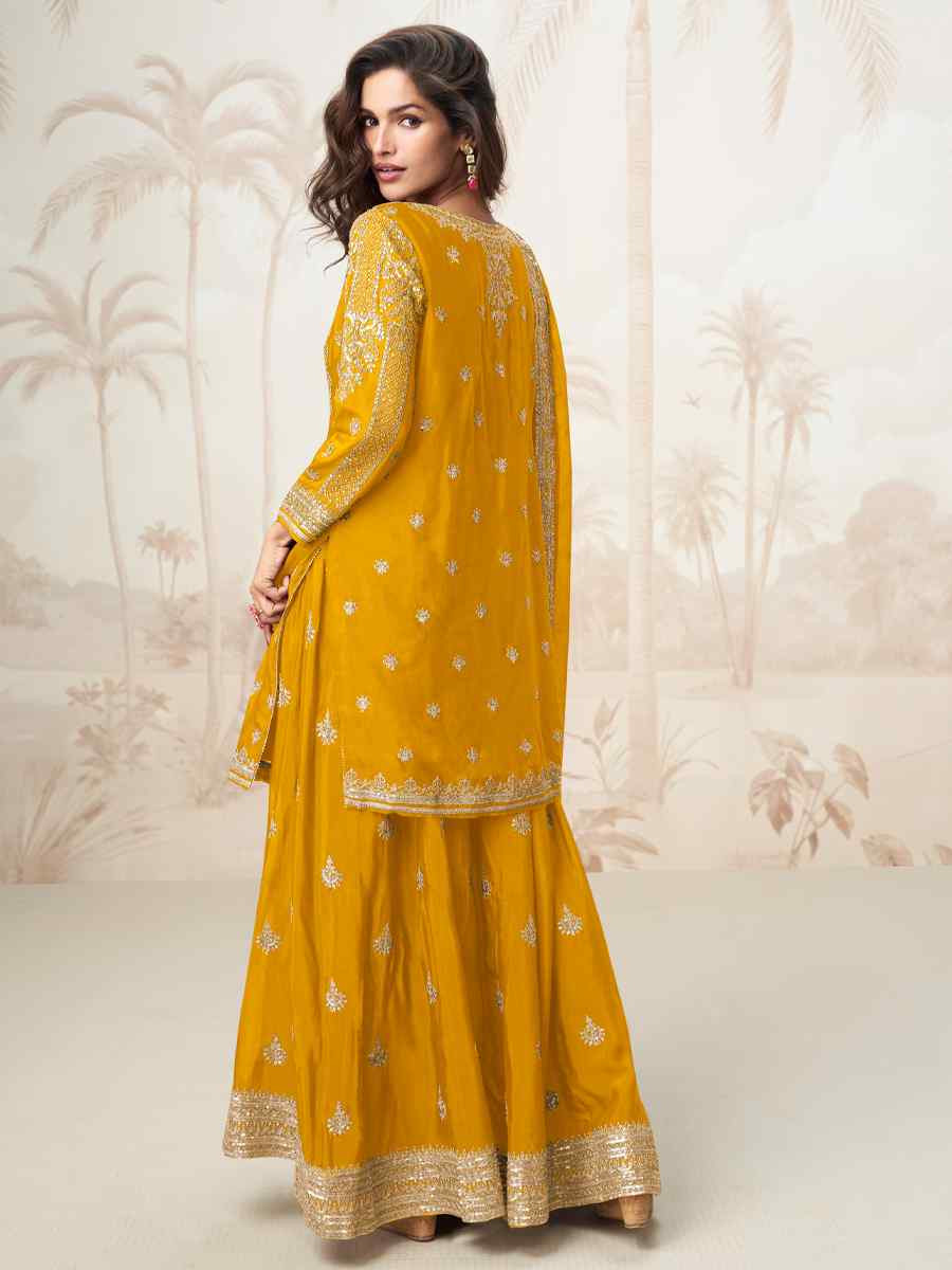 Mustard Premium Chinon Silk Embroidered Festival Casual Ready Sharara Pant Salwar Kameez