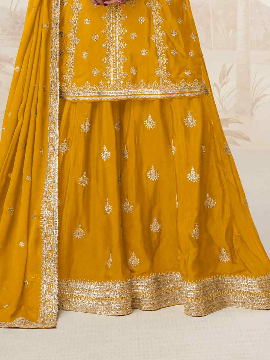 Mustard Premium Chinon Silk Embroidered Festival Casual Ready Sharara Pant Salwar Kameez