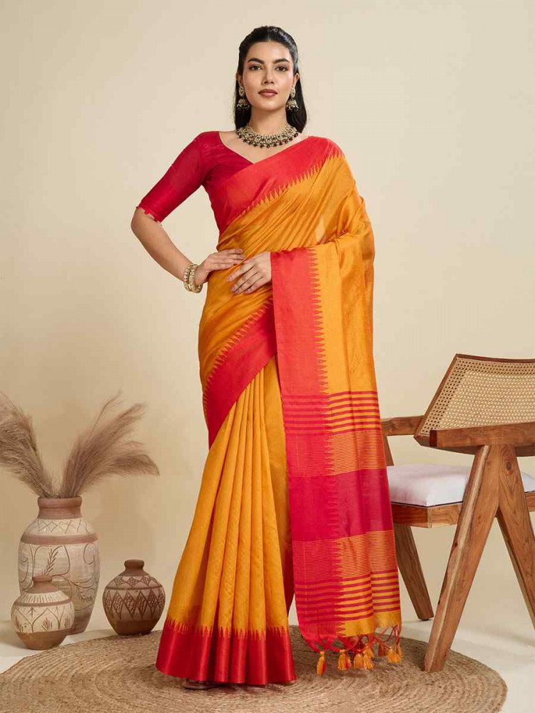 Image of Mustard Premium Khadi Raw Silk Zari Handwoven Casual Reception Festival Wedding Fancy Classic Style Sarees