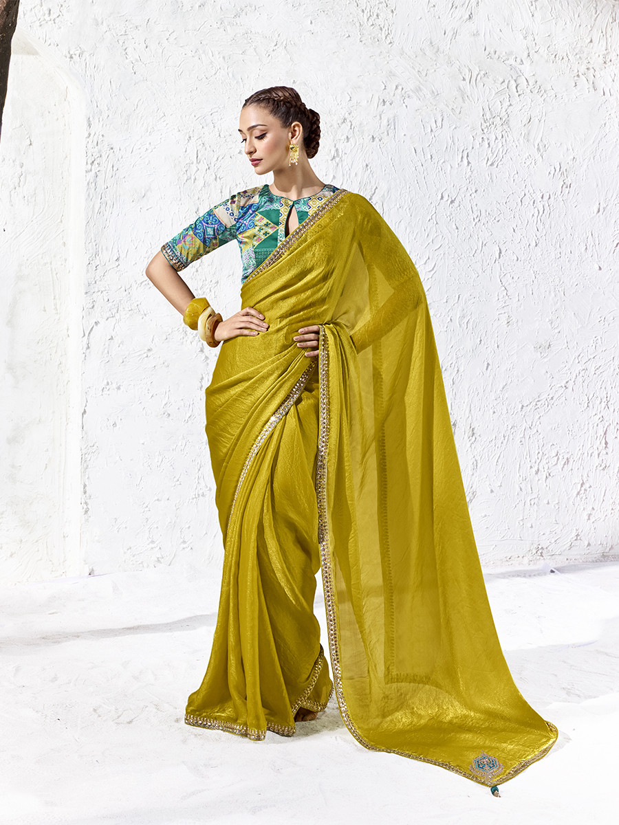 Mustard Premium Luxe Silk Organza Embroidery Sequins Wedding Reception Party Festival Casual Heavy Border Sarees