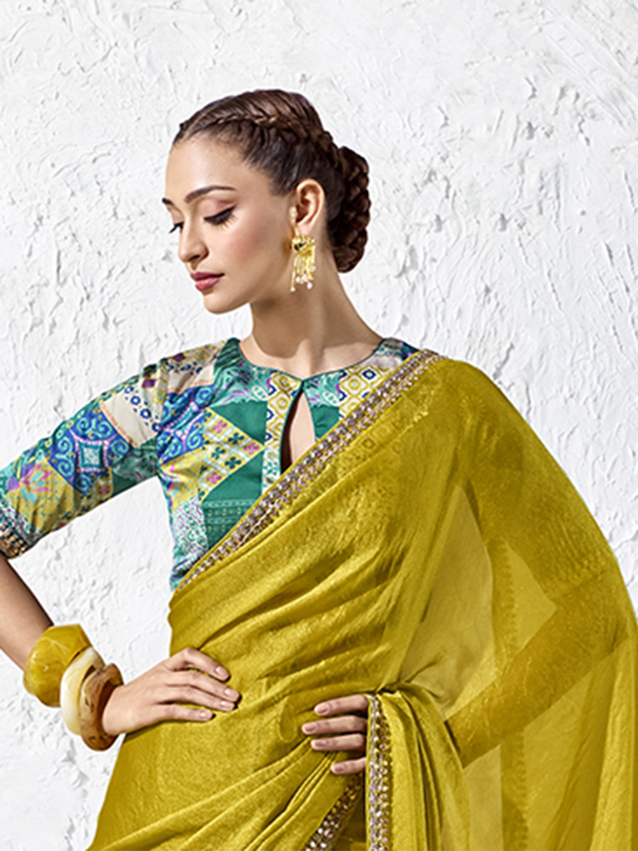 Mustard Premium Luxe Silk Organza Embroidery Sequins Wedding Reception Party Festival Casual Heavy Border Sarees