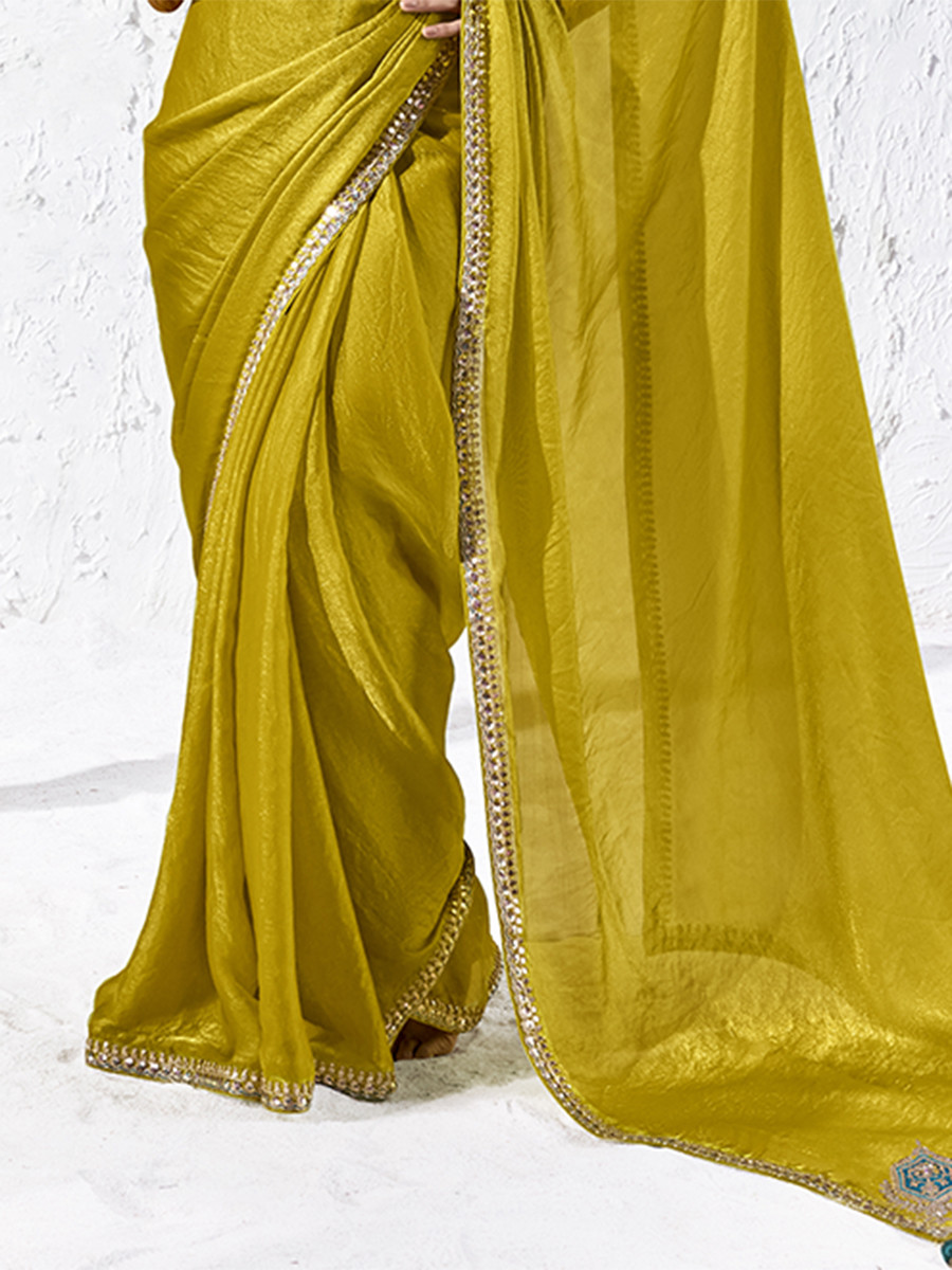 Mustard Premium Luxe Silk Organza Embroidery Sequins Wedding Reception Party Festival Casual Heavy Border Sarees