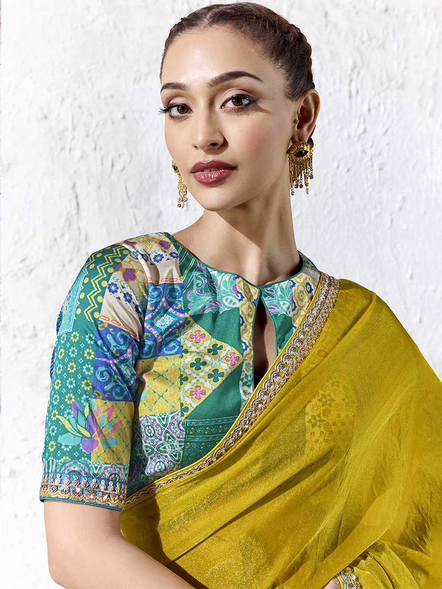 Mustard Premium Luxe Silk Organza Embroidery Sequins Wedding Reception Party Festival Casual Heavy Border Sarees