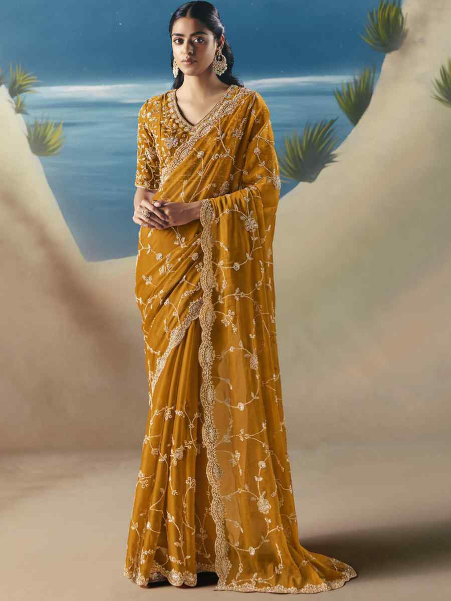 Mustard Premium Satin Organza Embroidery Traditional Bridal Reception Festival Wedding Fancy Heavy Border Saree
