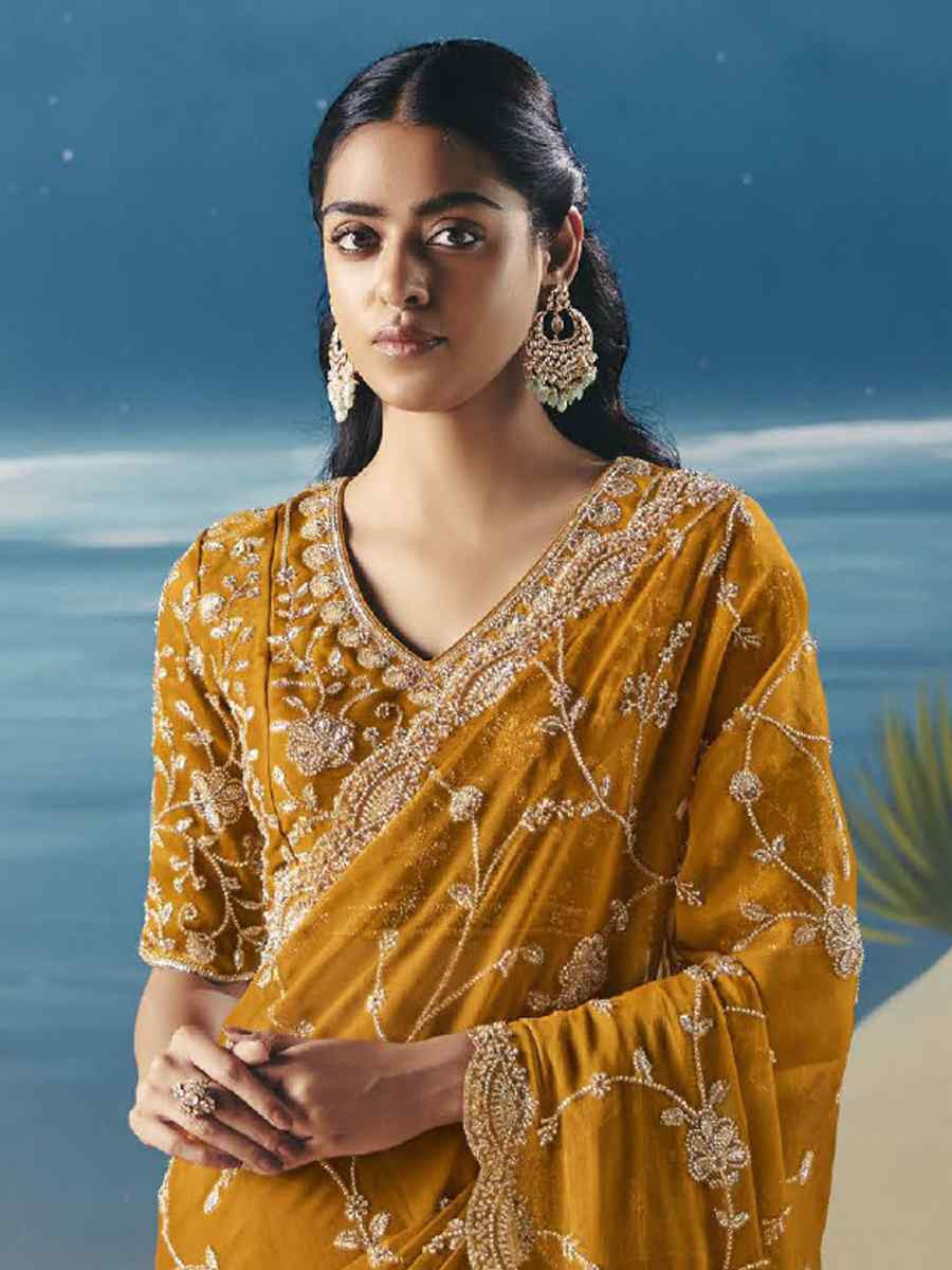 Mustard Premium Satin Organza Embroidery Traditional Bridal Reception Festival Wedding Fancy Heavy Border Saree
