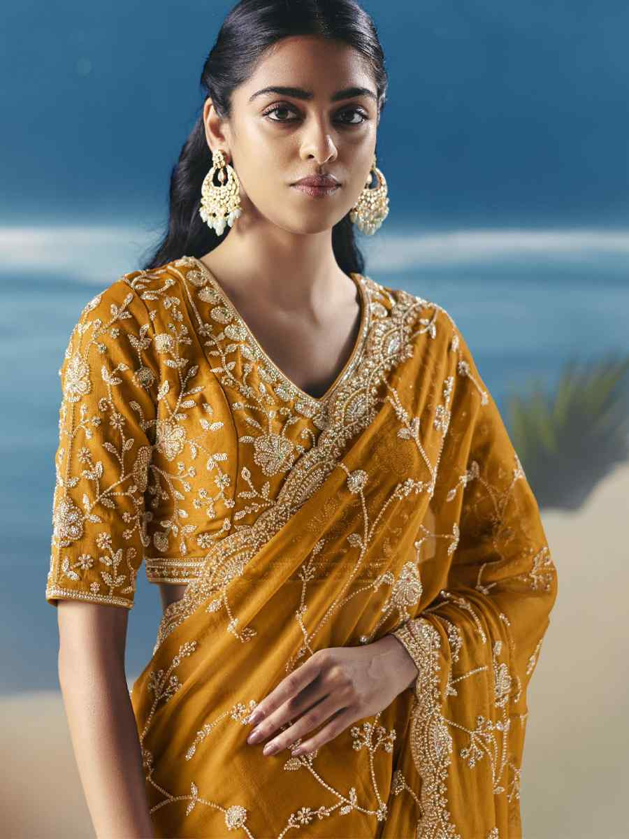 Mustard Premium Satin Organza Embroidery Traditional Bridal Reception Festival Wedding Fancy Heavy Border Saree