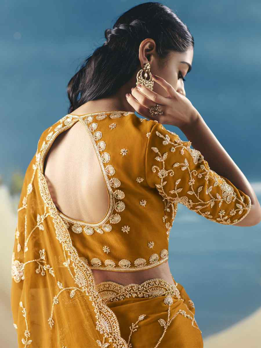 Mustard Premium Satin Organza Embroidery Traditional Bridal Reception Festival Wedding Fancy Heavy Border Saree