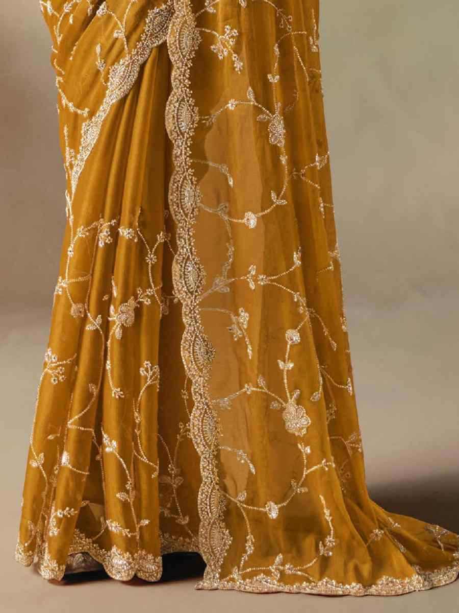 Mustard Premium Satin Organza Embroidery Traditional Bridal Reception Festival Wedding Fancy Heavy Border Saree