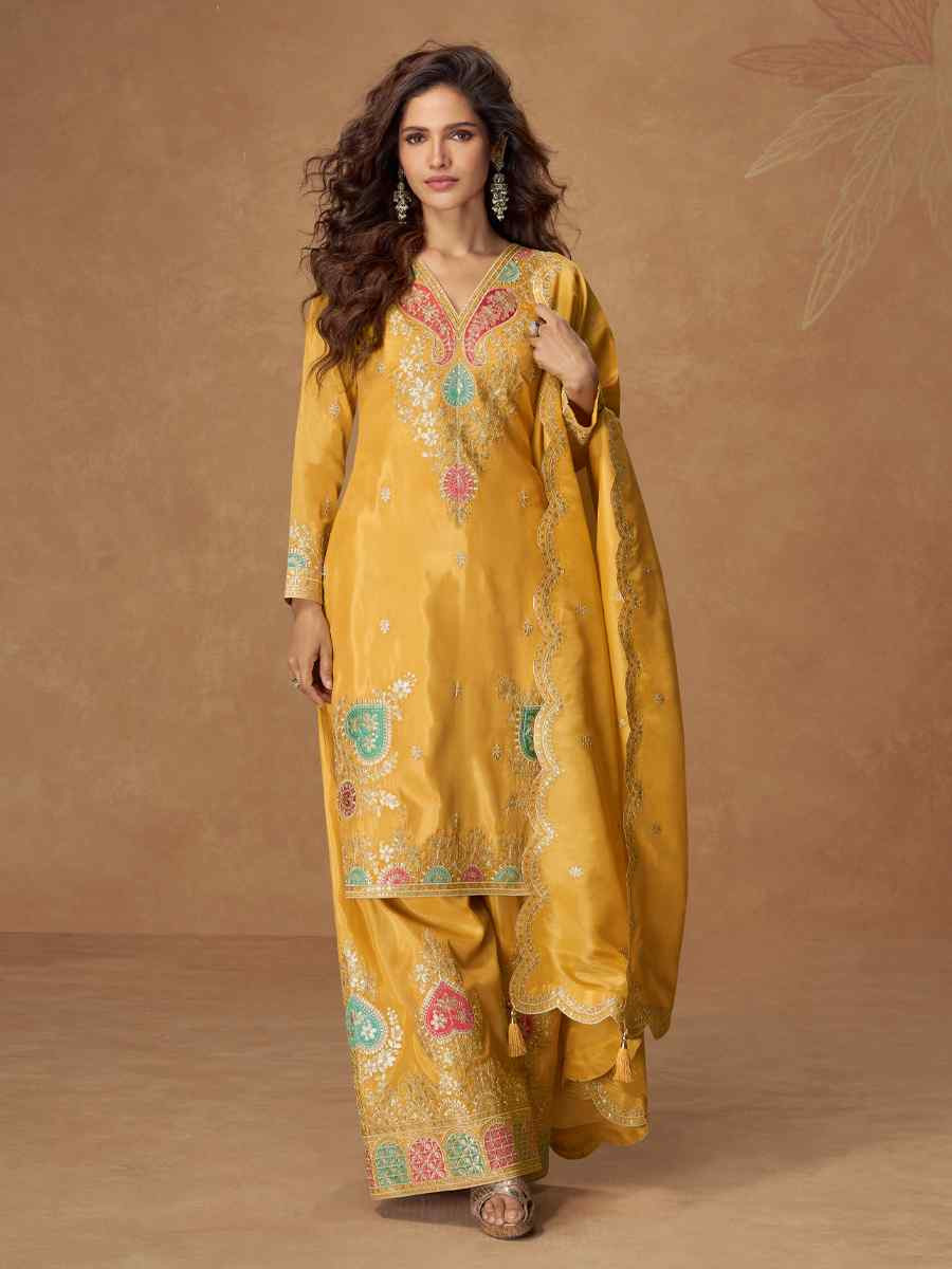 Mustard Premium Simar Silk Embroidery Party Wedding Festival Casual Ready Palazzo Salwar Kameez