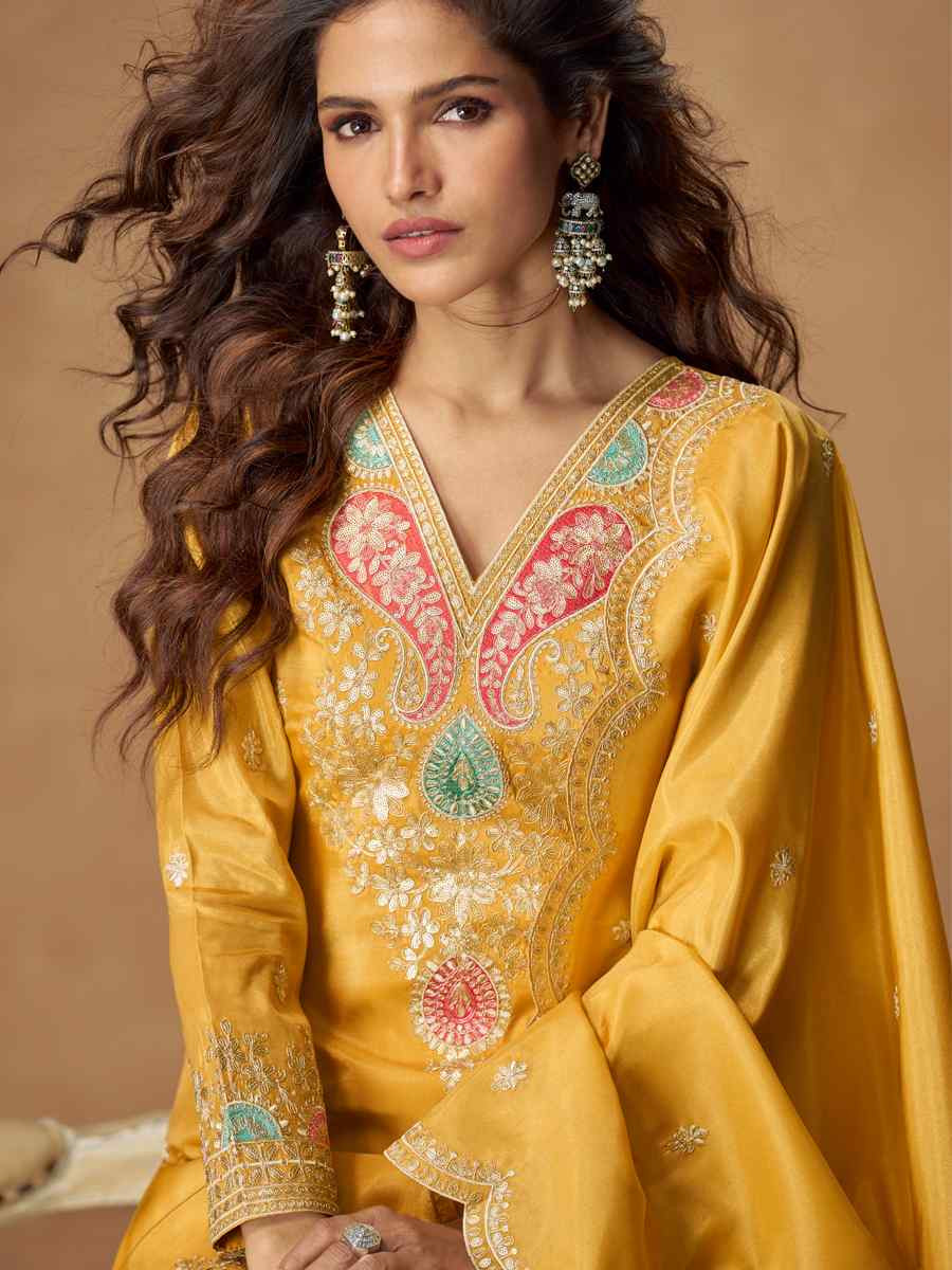 Mustard Premium Simar Silk Embroidery Party Wedding Festival Casual Ready Palazzo Salwar Kameez