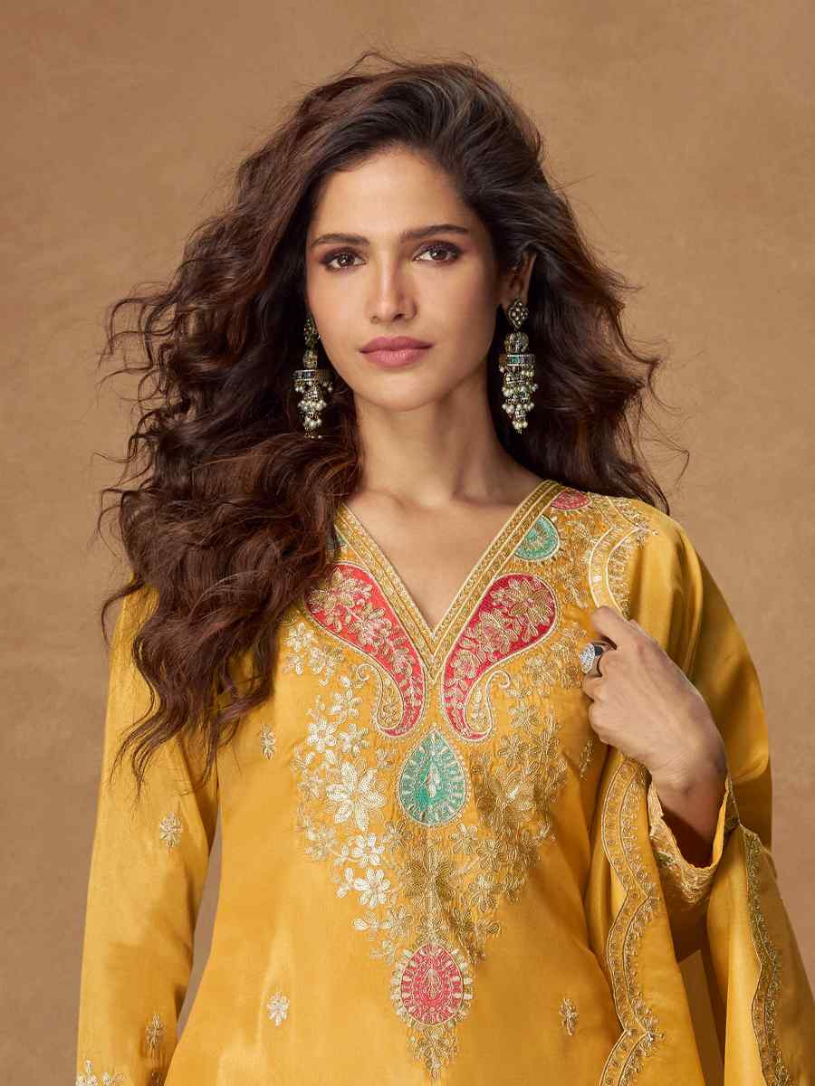 Mustard Premium Simar Silk Embroidery Party Wedding Festival Casual Ready Palazzo Salwar Kameez