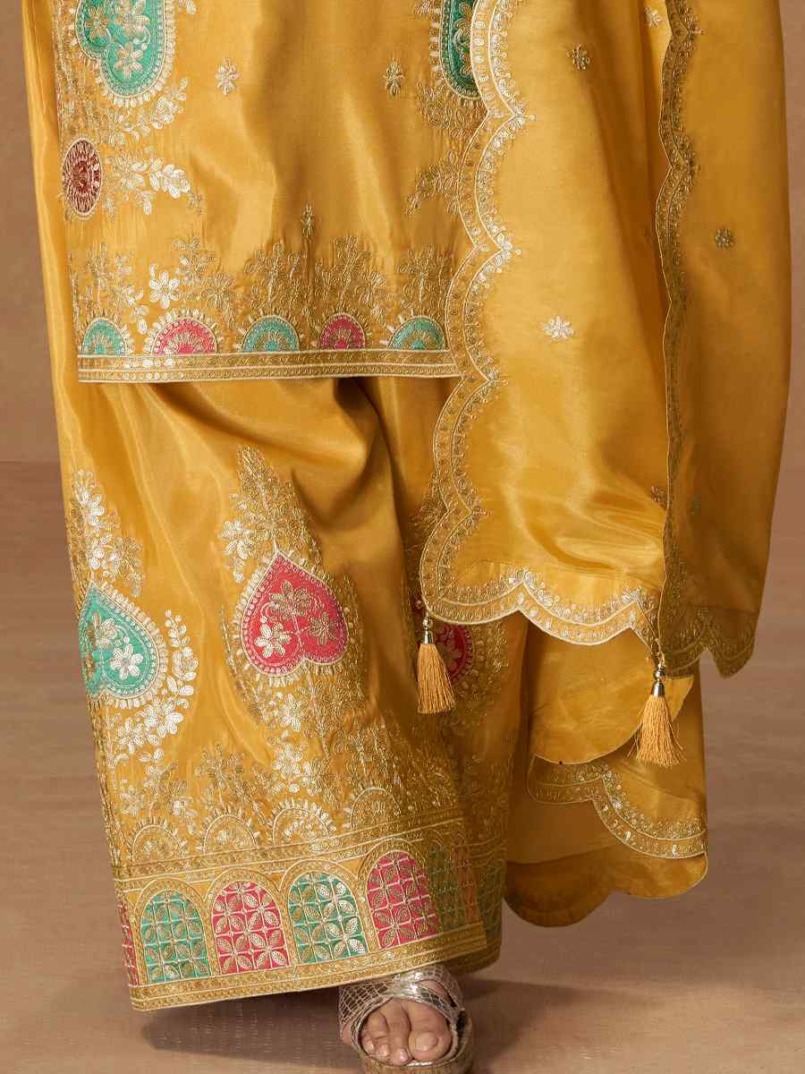 Mustard Premium Simar Silk Embroidery Party Wedding Festival Casual Ready Palazzo Salwar Kameez
