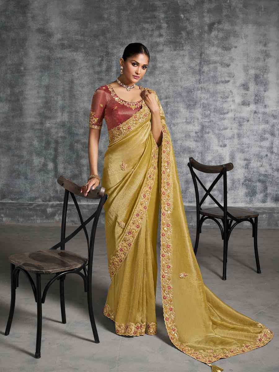 Mustard Premium Tissue Silk Embroidery Traditional Casual Reception Festival Wedding Fancy Heavy Border Saree